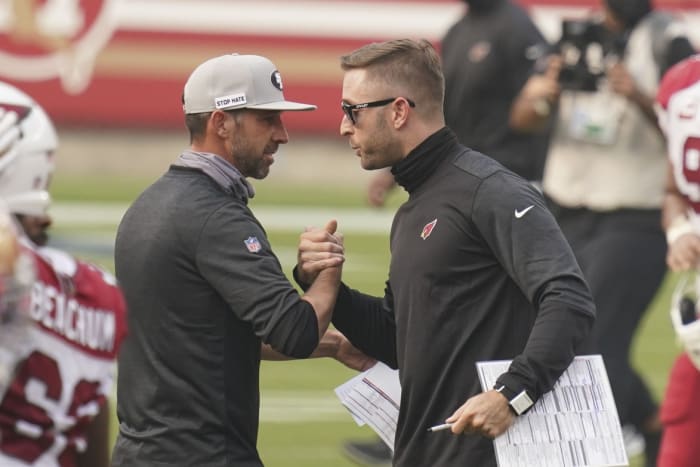 Commanders head coach Dan Quinn compared Kliff Kingsbury (right) to current 49ers Super Bowl head coach Kyle Shanahan (left).